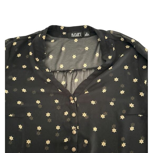 A.N.A Black Sheer Small Petite Blouse Golden Star Print Button-Front Long Sleeve - Picture 4 of 7